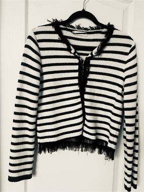 Mango textured knit Striped Black and White Fringed Cardigan